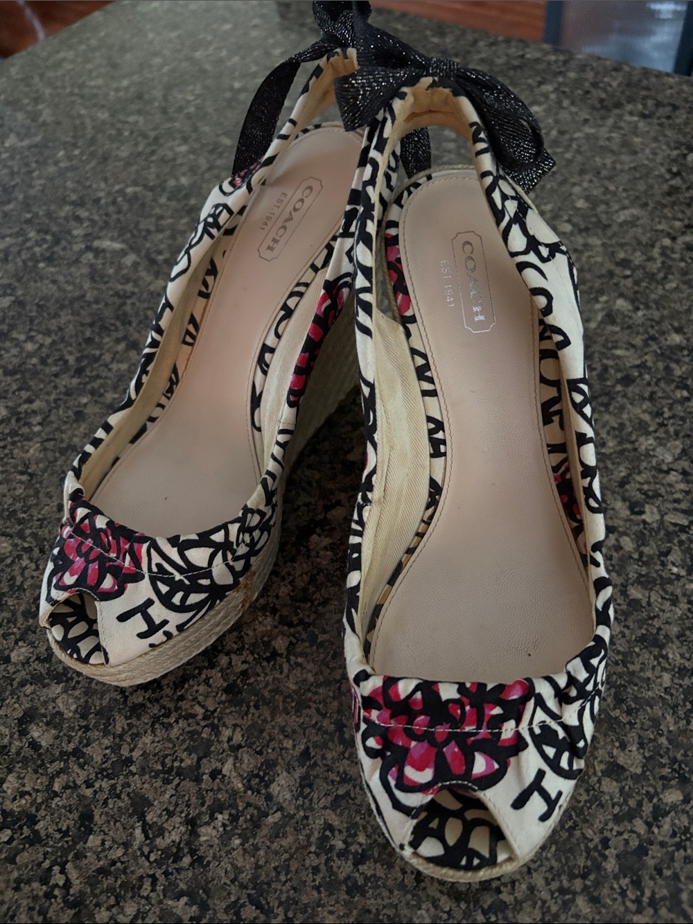 Coach Cream Peep-Toe Wedge Sandals with Black Script & Pink Floral Accents